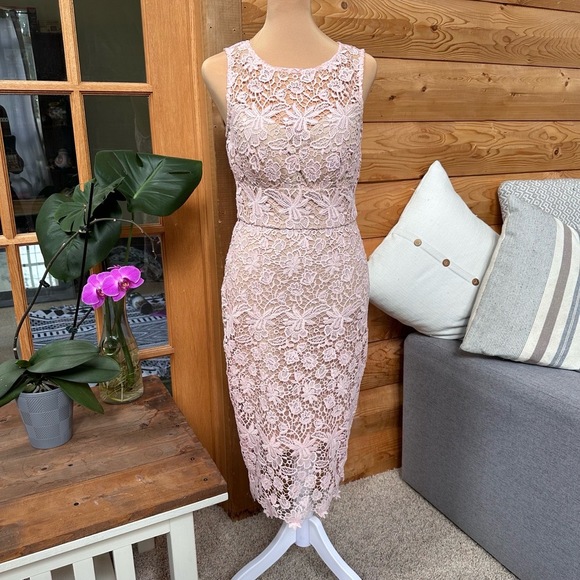 BISOU BISOU M. BOHBOT Pink Lace Overlay Midi Floral Sleeveless Sheath Dress Sz 2 - Picture 11 of 16